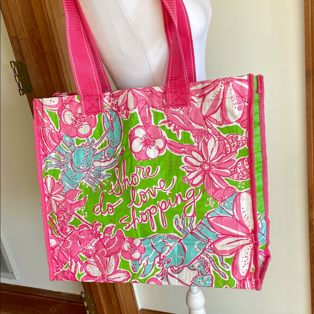 LILLY PULITZER Shore do love shopping Pink and Green Floral Market Eco Tote - Picture 4 of 16
